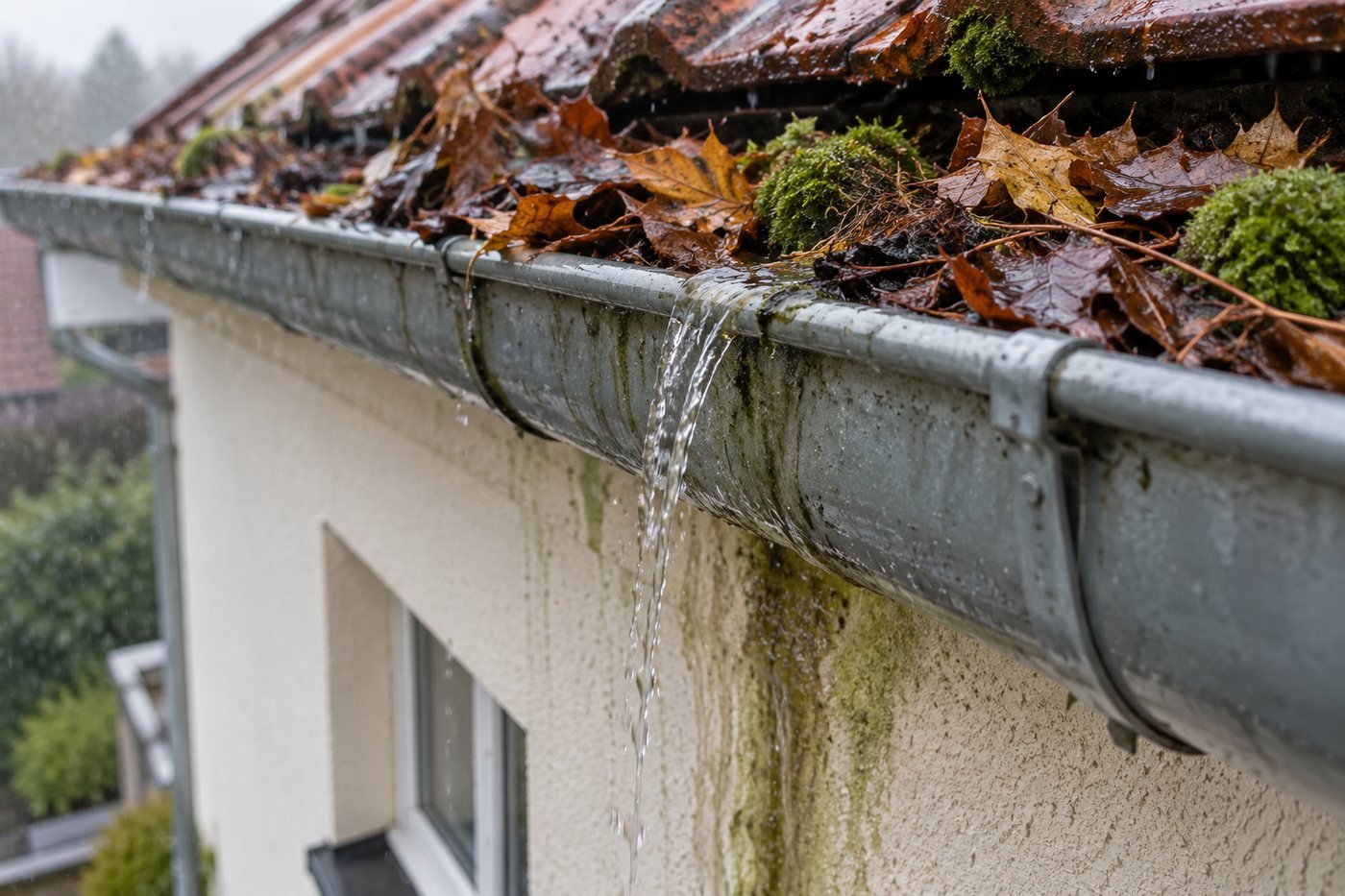 Mit Laub und Moos verstopfte Dachrinne läuft über – Wasser und Algen an der Fassade