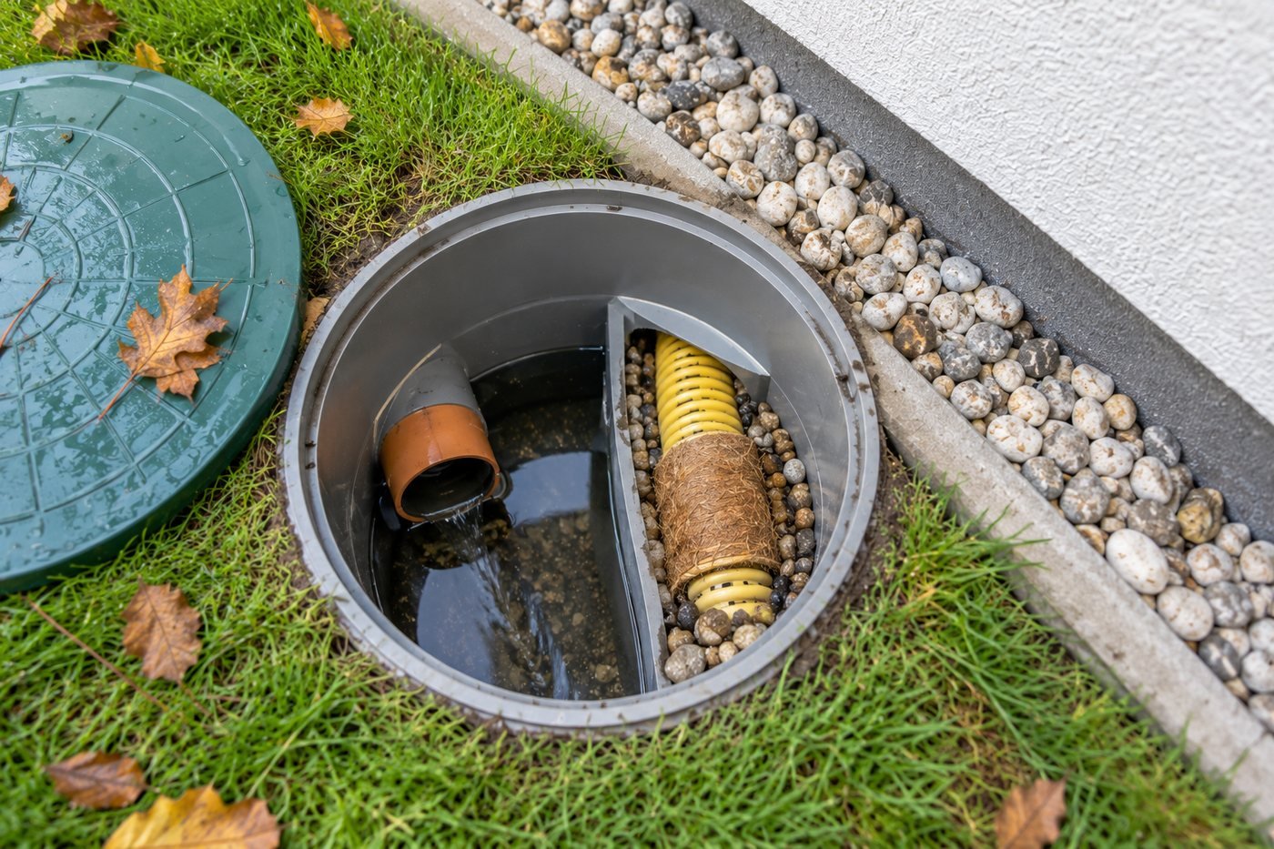 Geöffneter Drainage-Kontrollschacht an der Hauswand mit gelber Sickerleitung im Kiesbett