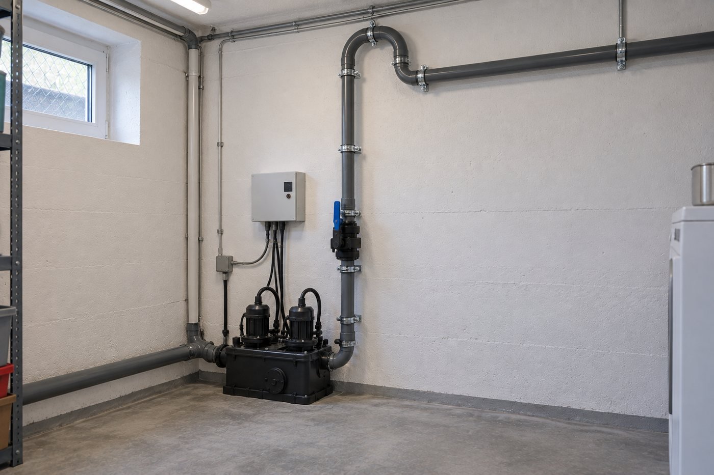 Fachgerecht installierte Fäkalienhebeanlage mit zwei Pumpen und Rückstauschleife im Keller