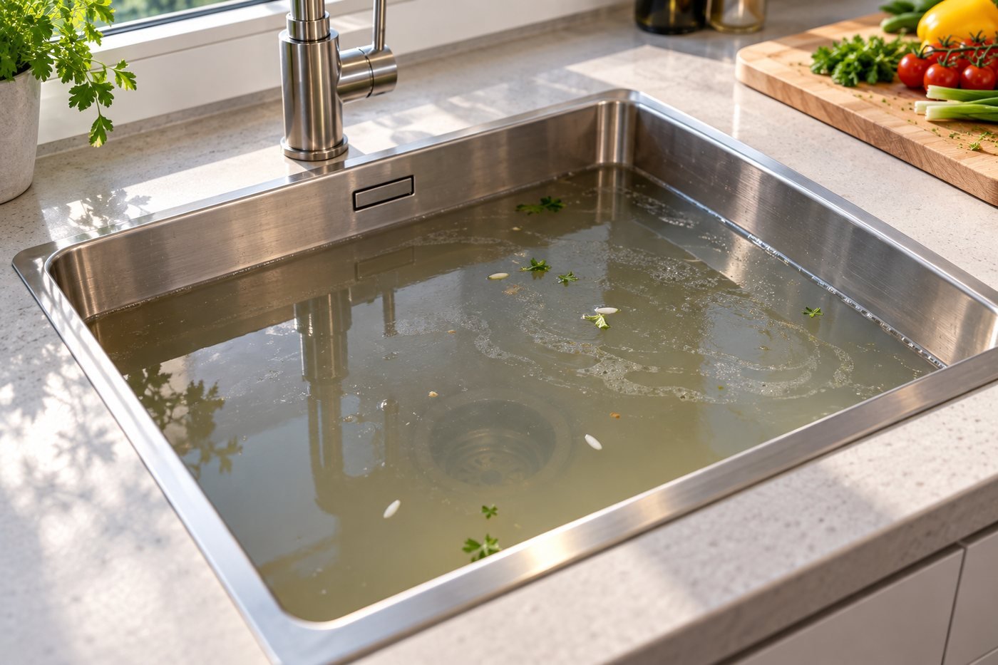 Verstopfter Küchenabfluss: Trübes Wasser mit Fettschlieren steht in der Edelstahlspüle