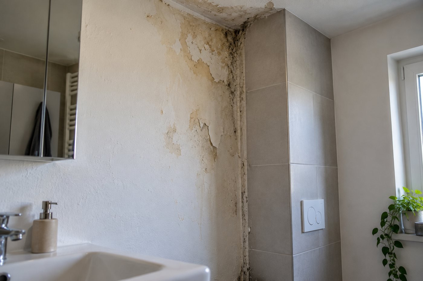 Feuchtigkeitsschaden im Bad: Fleck und abblätternde Farbe an der Wand neben dem Installationsschacht