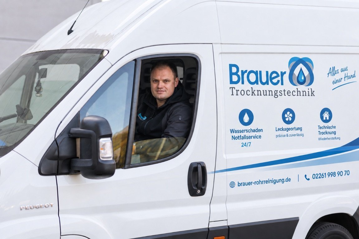 Mitarbeiter von Brauer im Firmenwagen unterwegs zum Einsatz